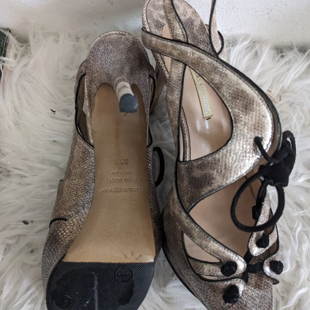Nicholas Kirkwood Metallic Leather Heels Sandals 8 Lace Up Sling Snakeskin